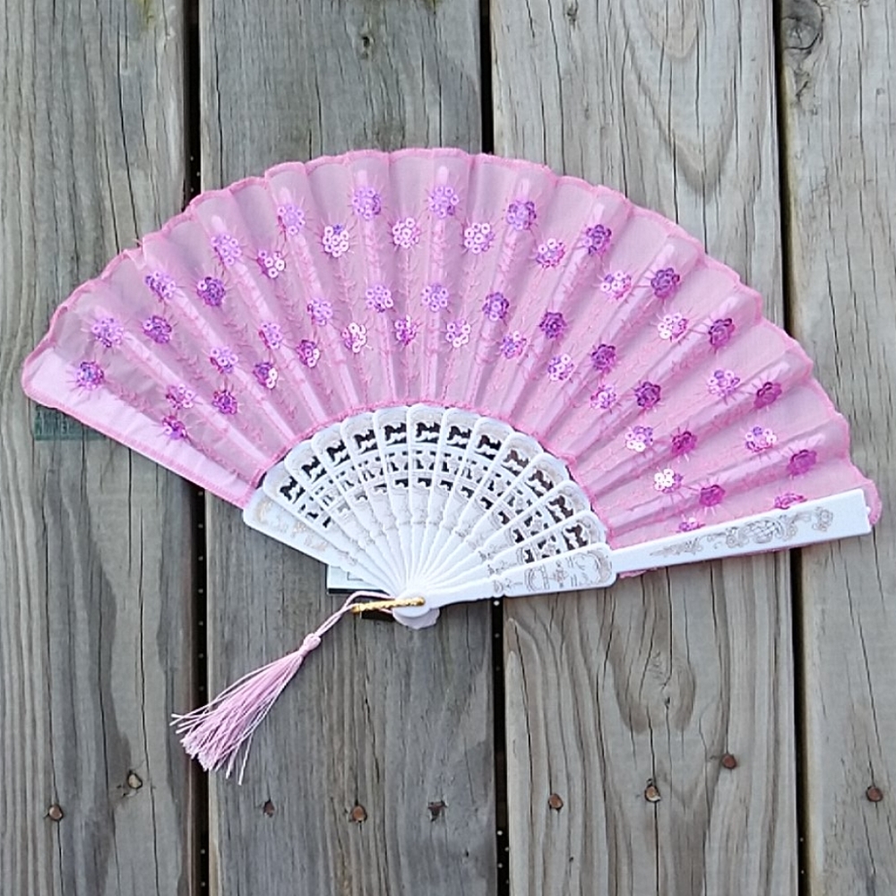 Pink and white deluxe foldable hand fan
